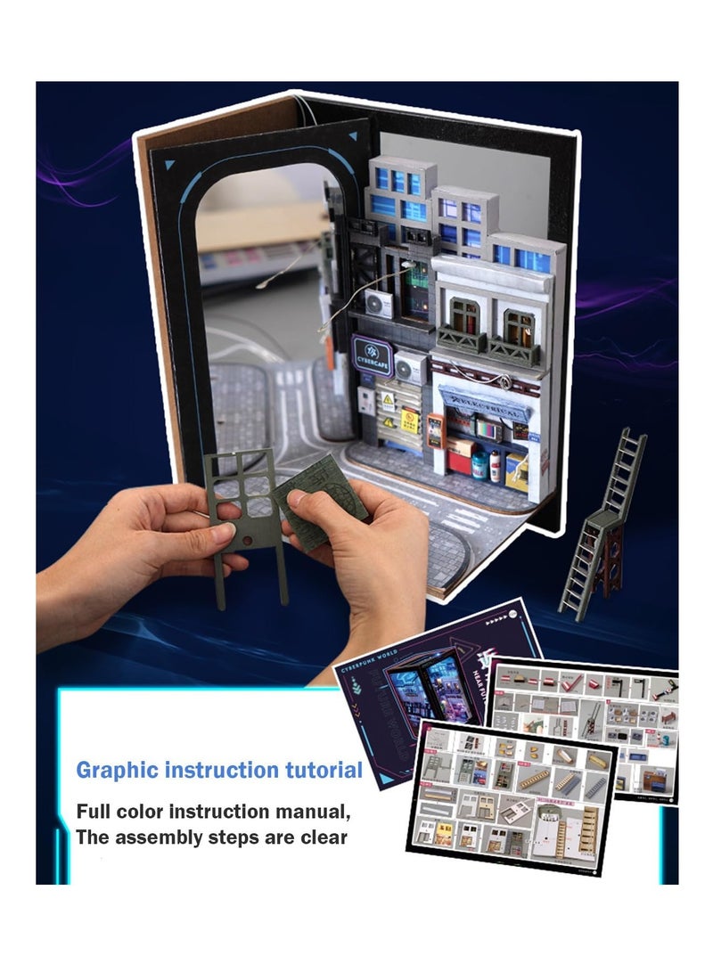 DIY Book Corner Kit, 3D Wooden Puzzle Book Corner, Decorative Bookends, Bookshelf Insert Decorative Alley with Furniture and LED Lights for Birthday Home Desk Decoration (Near future) - Image 4